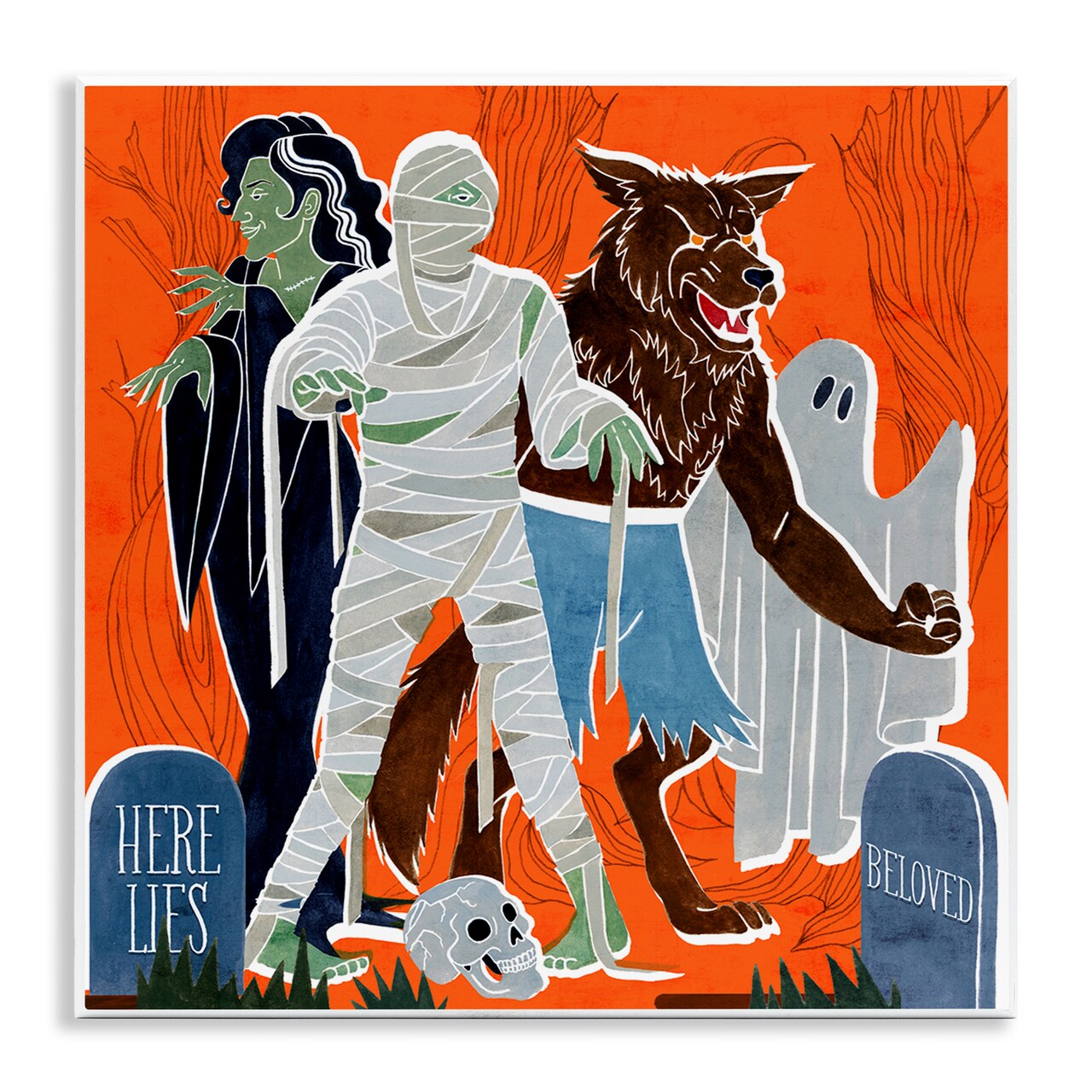 Spooky Halloween Monsters Orange Graveyard Ghost Wall Plaque Art